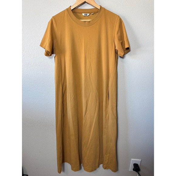 Uniqlo AIRism Cotton‎ T Shirt Dress Midi Mustard Yellow Size S - Picture 2 of 8